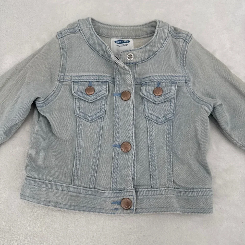 Old Navy Baby Denim Jacket Size 6-12M Light Wash Collarless Button Up Soft Denim